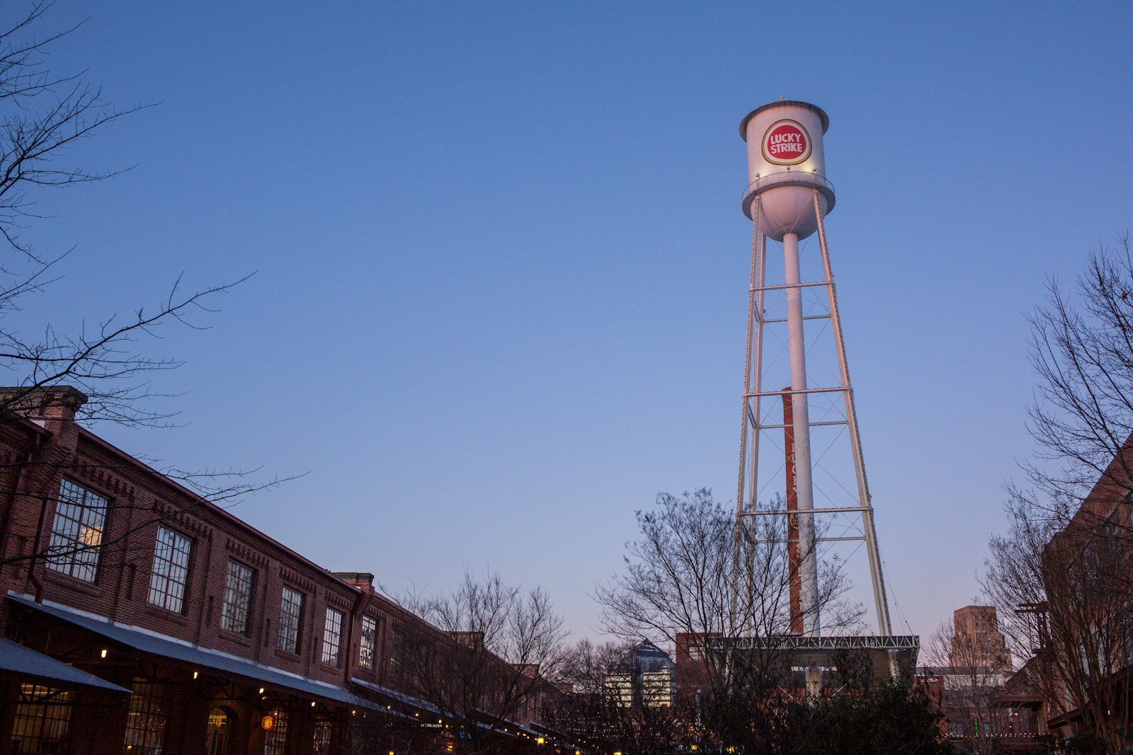 The Lucky Strike water tower above Durham's American Tobacco Campus